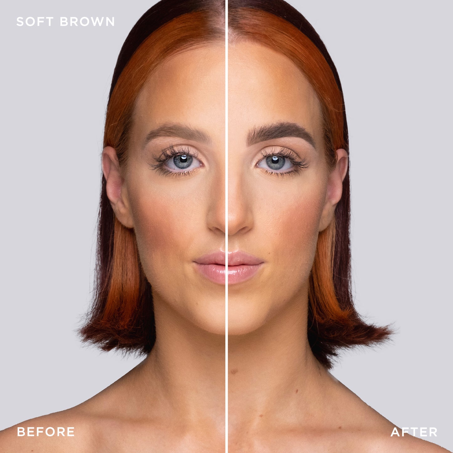 Before and after shot of model wearing Tinted Multi-Peptide Brow Gel - color-soft-brown