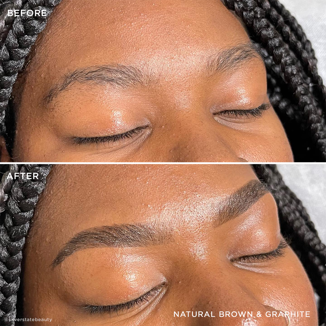 Before and after shot of model wearing color-graphite
